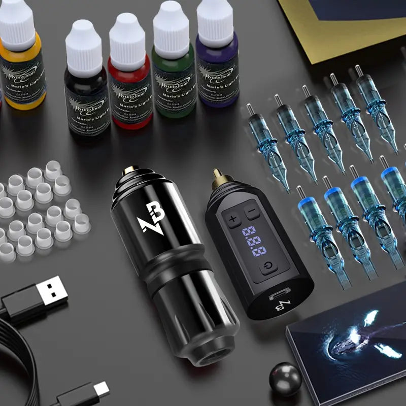 1 Set, Professional Wireless Tattoo Set, Tattoo Cartridge Needle, Colored Ink, Ink Cup, Tattoo Pen Machine Set, LED Power Motor, Tattoo Pen